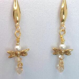 Whimsical Artisan Dragonfly Earrings Short Dangle Gold Tone Wings Feminine Pearl
